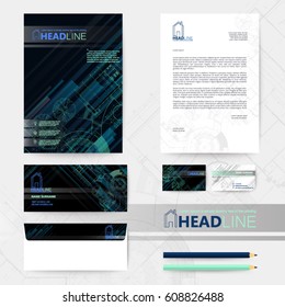 Green straight stripes back and template design with blueprint background.