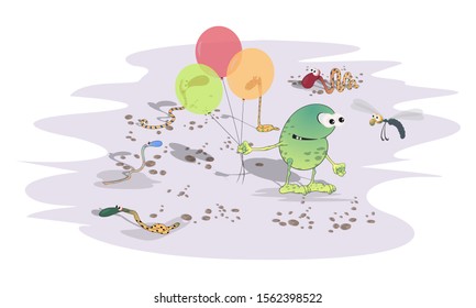 A green strange toad with balloons in the desert among snakes meets a dragonfly. Sketch in cartoon caricature style.