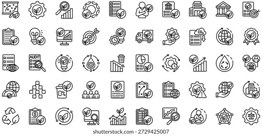 Green Strategy icons collection. Vector illustration. Green Strategy, Eco Management, Sustainability Leader, Leaf Gear, Eco Policy, Green Office, Green KPI, Eco Checklist, Environmental Governance. Pro Vector