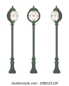 Green street clock set. Sidewalk post streetscape or park setting device for measuring time, hours, minutes. Landscape architecture and urban design concept. Vector flat style cartoon illustration