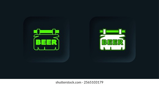 Green Street signboard with inscription Beer icon isolated on black background. Suitable for advertisements bar, cafe, pub, restaurant. Black square button. Vector