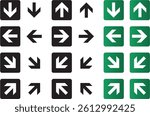 Green street signs. Direction wayfinding arrows, post sign isolated realistic vector illustration set. Arrow icon set cursor arrow up down and symbol icons. Modern simple solid arrows collection