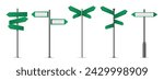 Green street signs. Directional pole with wayfinding arrows, finger post sign isolated realistic vector illustration set of pole road street, direction green