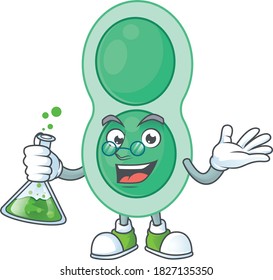 Green streptococcus pneumoniae smart Professor Cartoon character holding glass tube on the lab. Vector illustration
