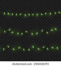 Green string lights on dark background, creating a festive atmosphere. Vector illustration