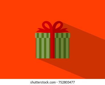 green stripe gift box with red ribbon flat design vector on reddish orange background