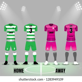 Green stripe and pink stripe soccer uniforms with shoes and socks