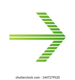 Green striped arrow flat design long shadow color icon. Forward indicator, right turn. Pointer symbol. Next, forward. Navigation cursor. Arrowhead indicating rightward. Vector silhouette illustration