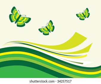 The green striped background with butterflies. Vector illustration
