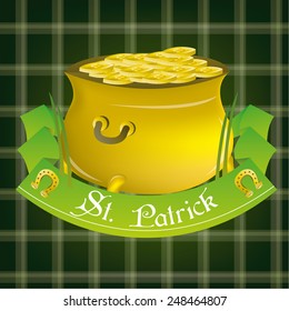 a green striped background with an isolated pot with golden coins and a ribbon