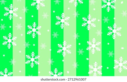 A green striped background with white snowflakes and stars. The image creates a festive and wintery design