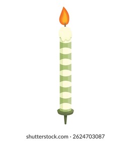Green striped birthday candle is burning on white background