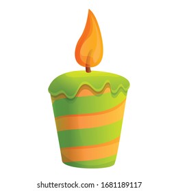 Green striped candle icon. Cartoon of green striped candle vector icon for web design isolated on white background