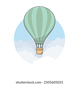 Globo de aire caliente de dibujos animados a rayas verdes en el cielo azul y fondo de nubes Ilustración vectorial plana. Viajes y Aventura. Paseo en globo aerostático.