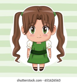 green striped color background with circular frame and cute anime girl with long pigtails hairstyle