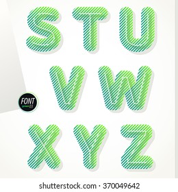 Green striped font. Translucent letters with slanted lines and flat shadows. Best to use for eco posters, bio labels, in presentations headlines and titles for conferences. Vector illustration.