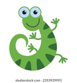 Green striped gecko. Cute wild animal cartoon illustration. Wildlife concept. Colored flat vector isolated on white background