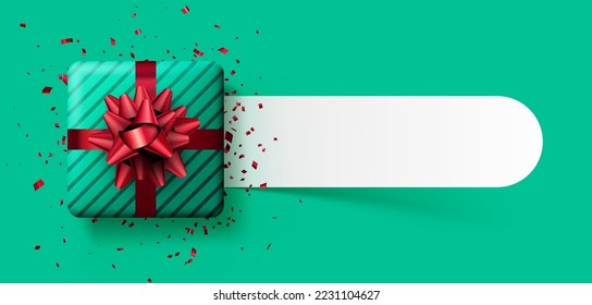 Green striped gift box with red bow and confetti. Space for text. Vector holiday top view illustration.
