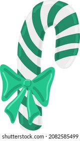 Green striped holiday candy cane vector illustration. Christmas tree decoration with bow. Holiday sweet element