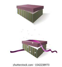 Green striped open gift boxes with lid, empty and with surprise.  Isolated on white background. Vector illustration.