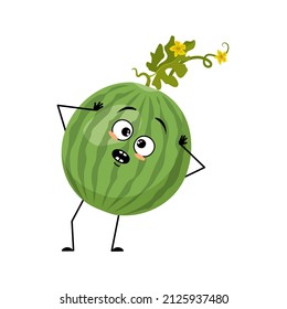 Green striped round watermelon character with emotions in panic grabs his head, surprised face, shocked eyes, arms and legs. Person with scared expression, fruit emoticon. Vector flat illustration