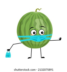 Green striped round watermelon character with sad emotions, face and mask keep distance, hands with shopping bag and stop gesture. Person with care expression, fruit emoticon. Vector flat illustration