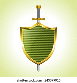 Green striped shield with sword background design