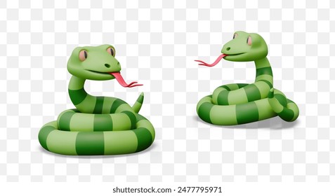 Green striped snake in cartoon style. 3D reptile with sticking out tongue