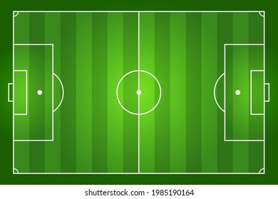 Green striped soccer field with markings. The proportion is 105 by 68 meters. View from above. Template for illustration and coverage of football matches. Vector illustration