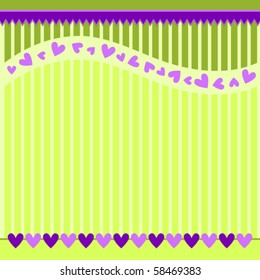 Green striped vector background with lilac hearts