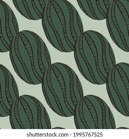 Green striped watermelon simple seamless doodle pattern. Blue light background. Organic summer print. Graphic design for wrapping paper and fabric textures. Vector Illustration.