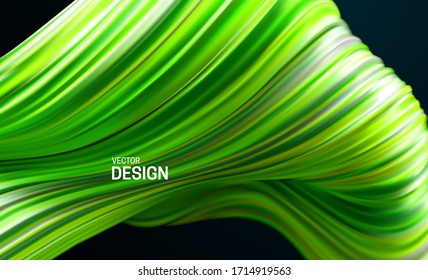 Green striped wavy shape. Liquid flowing substance. Vector 3d illustration. Abstract colorful background. Vibrant gradient backdrop. Fluid paint wallpaper. Modern cover design