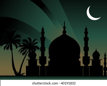 grüner Streifen auf Baum-, Moschee- und Mondhintergrund