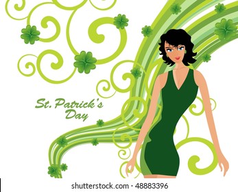 green stripes, floral background with cute sexy girl, vector illustration