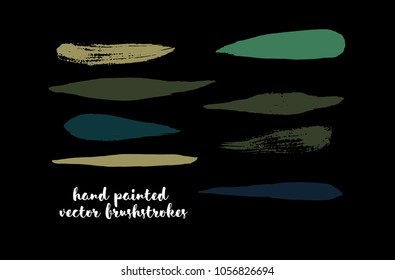 Green Stripes or Lines. Hand Painted Vector Ink Banners. Vintage Logo Stains, Graffiti Doodle. Spring Green Stripes, Hipster Vector Brushstrokes.  Funky Grunge Frame Element, Button or Brushed Banner.