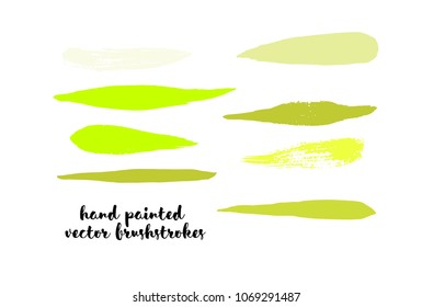 Green Stripes or Lines. Hand Painted Vector Ink Banners. Vintage Logo Stains, Graffiti Doodle. Spring Green Stripes, Hipster Vector Brushstrokes.  Funky Grunge Frame Element, Button or Brushed Banner.