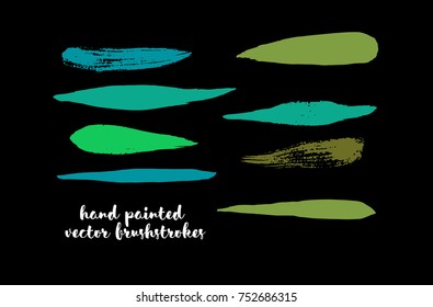 Green Stripes or Lines. Hand Painted Vector Ink Banners. Vintage Logo Stains, Graffiti Doodle. Spring Green Stripes, Hipster Vector Brushstrokes.  Funky Grunge Frame Element, Button or Brushed Banner.