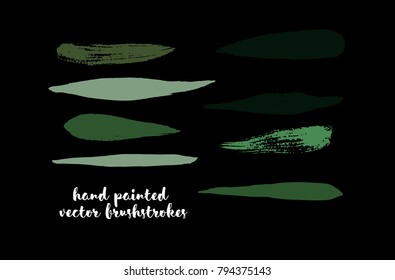 Green Stripes or Lines. Hand Painted Vector Ink Banners. Vintage Logo Stains, Graffiti Doodle. Spring Green Stripes, Hipster Vector Brushstrokes.  Funky Grunge Frame Element, Button or Brushed Banner.