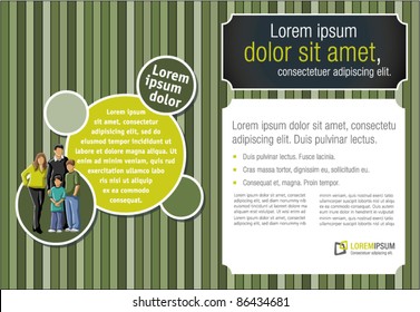 Green stripes template for advertising brochure with a family