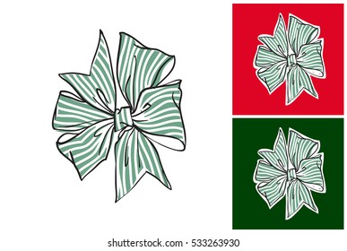 Green stripped bow. Isolated vector art element on white, gray and dark green background in sketch style. Cute hand drawn Christmas, New Year, or other festive illustration.