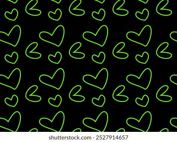 Formas verdes del corazón del golpe diseño inconsútil con el tema oscuro del fondo. El corazón ama el diseño del Vector del patrón del doodle. Cariño. Devoción
