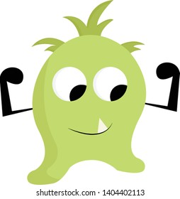A green strong monster, with big eyes, short hair, with two hands, showing one tooth, vector, color drawing or illustration. 