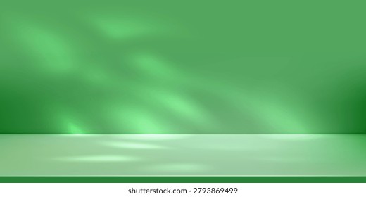 Green studio 3D bg for abstract product photo, light dark gradient. Limbo color backdrop, empty stage with sun spot shadow texture. Natural plant reflections and luxury solid floor, mint lime vector