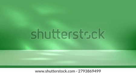 Green studio 3D bg for abstract product photo, light dark gradient. Limbo color backdrop, empty stage with sun spot shadow texture. Natural plant reflections and luxury solid floor, mint lime vector
