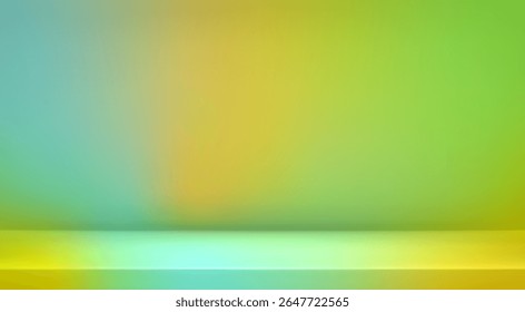 Green studio background. Abstract gradient podium for product presentation. 3d green yellow light limbo studio. Summer or spring bg. Showcase, promotion display. Vector illustration