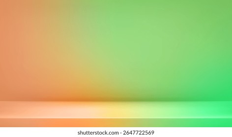 Fundo de estúdio verde. Pódio de gradiente abstrato para apresentação do produto. 3d verde laranja limbo estúdio. Verão ou primavera. Exibição de apresentação, promoção. Ilustração vetorial