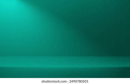 Green Studio background. Dark green Background Empty Room Studio with table. Empty room with light shadow. Space for selling products on the website. Vector illustration.