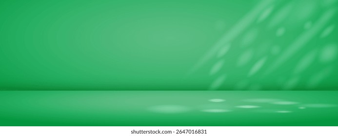 Green studio background with sun rays. Limbo bg for product presentation. Modern banner with empty space for advertising text. Vector illustration