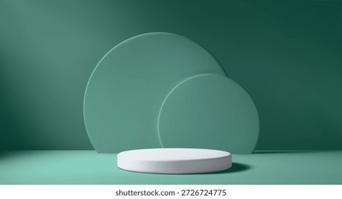 Grünes Studio mit elegantem weißem Podium und natürlichem Licht. Moderne 3D-Bühne für Produktpräsentation. Sauberer minimalistischer Platz für die Anzeige des Artikels auf dem Ständer.