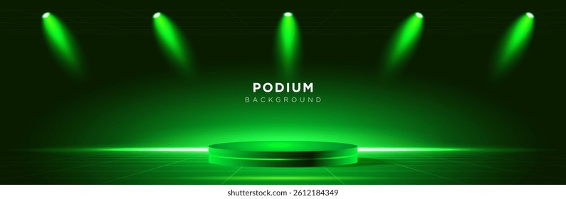 Green studio podium technology background with spotlight effect for product presentation. Perspective template. Vector design.
